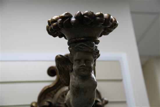 A pair of 19th century Italian carved and painted parcel gilt wall scones, 20in.